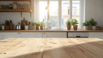 Fototapete - Empty Wooden Table with Blurred Kitchen Background for Product Display