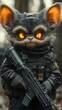 © TheGoldTiger - Cute, fantasy creature with large glowing eyes, dressed in tactical gear and holding a futuristic weapon