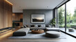 © Siasart - Modern living room with a cozy seating area and large windows overlooking greenery.
