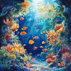 Underwater Watercolor Painting of Colorful Fish and Coral Reef