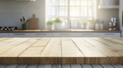 Fototapete - Empty Wooden Table with Blurred Kitchen Background for Product Display