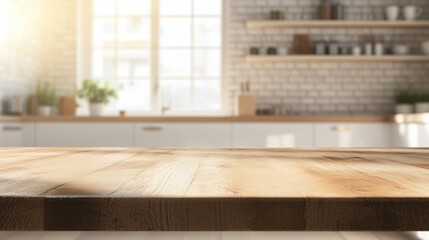 Fototapete - Empty Wooden Table with Blurred Kitchen Background for Product Display