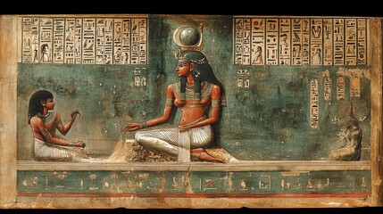 Image depicts an ancient Egyptian wall painting featuring two figures, hieroglyphics, and detailed artwork of traditional clothing and symbols