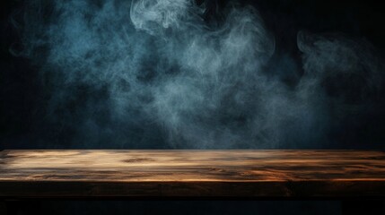 Poster - Empty Wooden Table with Rising Smoke on Dark Background