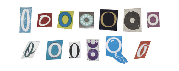 Set of isolated cut-out letter “O” from magazines on a transparent background, retro y2k style