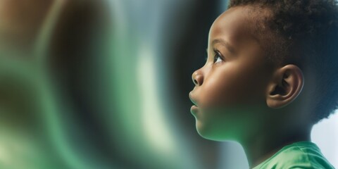 African-American child gazing at computer screen with binary cod