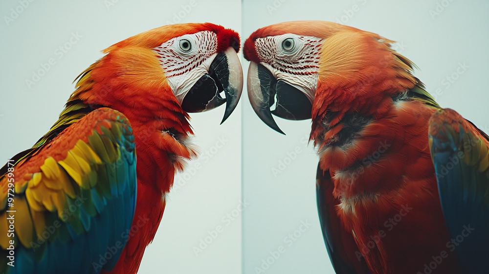 A point-of-view shot of a macaw playing with its reflection in a mirror ...