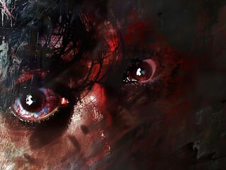 A close-up of a person's eyes, with blood splattered on the face, creating an abstract and haunting effect.