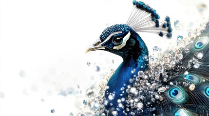 Wall Mural - Close-up of a peacock decorated with intricate jewelry and sparkling diamonds, creating an elegant and abstract design on a white background