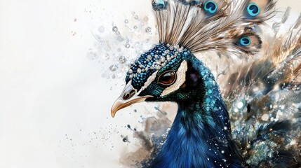 Wall Mural - Close-up of a peacock decorated with intricate jewelry and sparkling diamonds, creating an elegant and abstract design on a white background