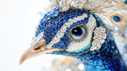 Wall Mural - Close-up of a peacock decorated with intricate jewelry and sparkling diamonds, creating an elegant and abstract design on a white background