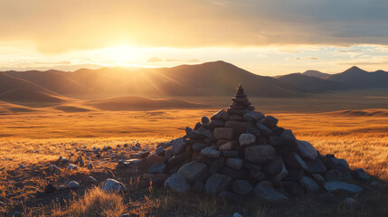 Sunrise over a sacred Mongolian mountain, the first light illuminating prayer stones and offerings