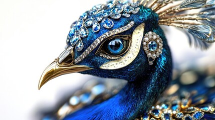 Wall Mural - Close-up of a peacock decorated with intricate jewelry and sparkling diamonds, creating an elegant and abstract design on a white background