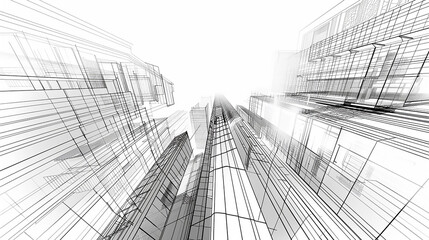 Wall Mural - Draw sketch architecture  A city street with tall buildings and a white background
