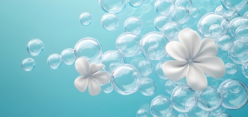 Delicate white flowers surrounded by soft bubbles on a serene blue background, perfect for designs focusing on tranquility and nature.