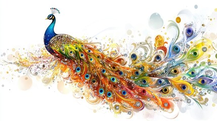 Wall Mural - Close-up of a peacock decorated with intricate jewelry and sparkling diamonds, creating an elegant and abstract design on a white background