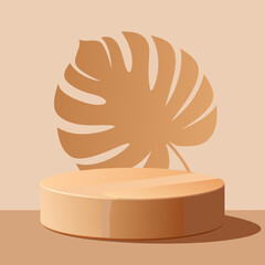 Wall Mural - Light brown wooden 3d product podium with monstera leaf shadow on wall. Round platform with wood texture for natural goods display. Realistic vector mockup of pastel pedestal for presentation.