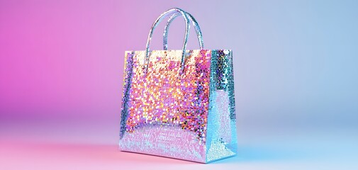 Shiny holographic shopping bag with sparkles against a colorful backdrop, perfect for retail and gift presentations.