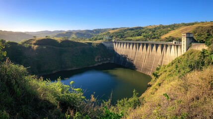 A panoramic view of a large water dam with its massive concrete structure and reservoir, surrounded by lush green hills and clear blue sky.