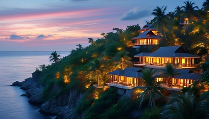 Enchanting tropical resort perched on a cliff with twinkling lights overlooking a serene ocean at dusk