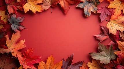 Wall Mural - Bright fall leaves framing a solid color background, creating a festive autumn scene with ample room for text