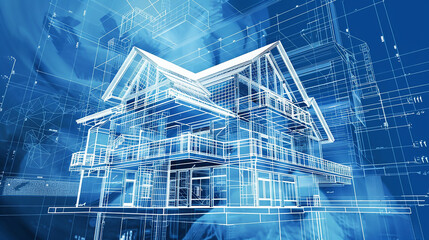 Wall Mural - Futuristic digital house blueprint illustration showcasing advanced architectural design and technology concepts
