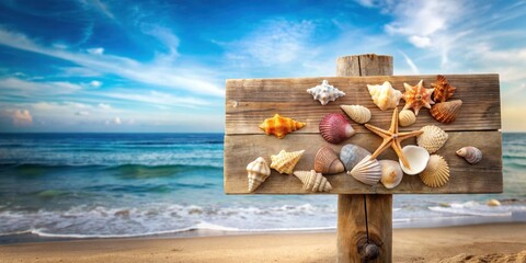 Rustic beach signpost decorated with seashells , tropical, ocean, vacation, coastal, destination, vintage, handmade