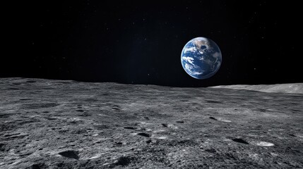 Wall Mural - A view of Earth from the moon's surface, with the planet hanging in the black sky.