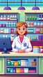 © Alexander - Pharmacist at counter in pharmacy with shelves with medicines on background. Vector drugstore interior with apothecary woman working at computer, medical products, pills and vitamins