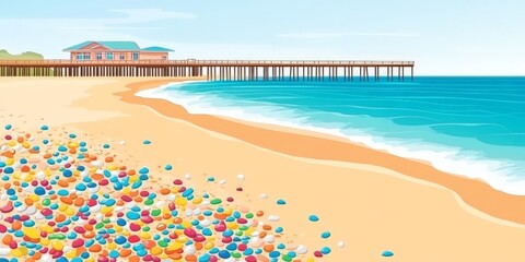 Beachscape with Colorful Pebbles and a Pier.