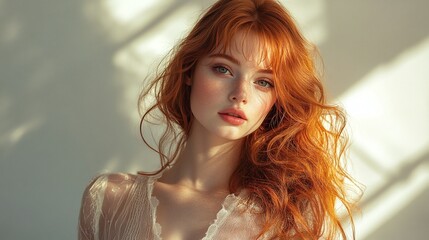 graceful young woman with red hair, a chic and stylish beauty model with radiant skin and a natural, confident look