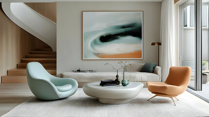 Wall Mural - Modern living room with minimalist furniture and abstract art.