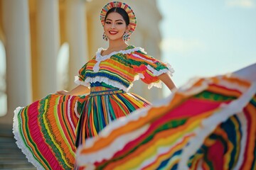 happy brunette woman in colorful traditional mexican dresses dancing in the square. concept day of t