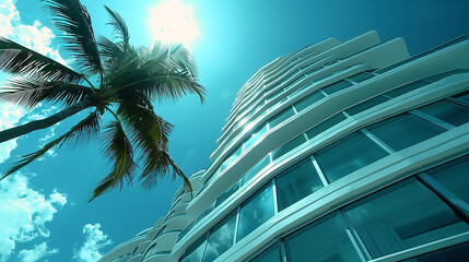 Palm trees in front of a tall building, suitable for  luxurious.