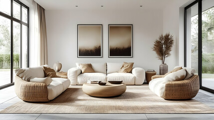 Modern living room with neutral tones, cozy furniture, and natural light.