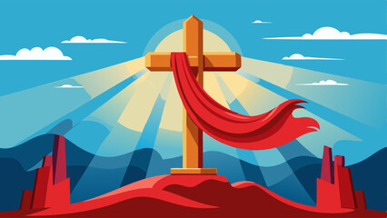 Canvas Print - Easter, love and sacrifice. Cross with red cloth on sky background. Conceptual image of Jesus Christ.