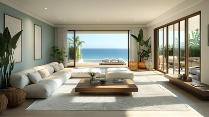 Modern living room with ocean view, featuring a cozy atmosphere and natural light.