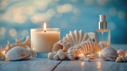  serene still life with seashells, a lit candle, and a glass perfume bottle set against a soft blue bokeh background.