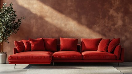 Red modular corner sofa against blank brown stucco wall with copy space Loft interior design of modern living room, home