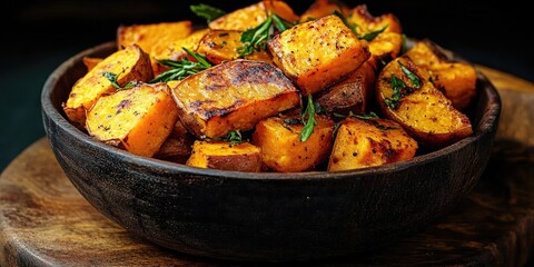 Thanksgiving. Roasted Sweet Potatoes. Baked sweet potato with rosemary in wooden bowl, rustic style.