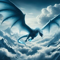 Wall Mural - An icy blue dragon with vast wings soars through a cloudy sky surrounded by snow-covered mountain tops.