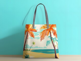 Vibrant beach tote bag featuring palm trees and ocean scenery, perfect for summer outings or vacations.