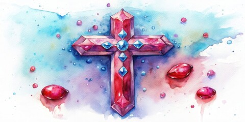 Bright and vibrant watercolor painting of a ruby cross with cascading water droplets, watercolor, painting, ruby, cross