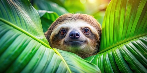 Sloth peeking from behind vibrant green leaves in a tropical rainforest , Sloth, Wildlife, Rainforest, Tropical, Leaves, Green