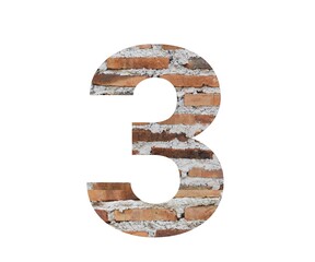 A bold and rustic number 3, formed from a weathered brick wall. Ideal for design projects requiring a unique and textured font.
