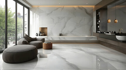 Wall Mural - Modern living space with marble walls and stylish furniture.