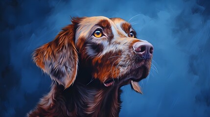 portrait of a dog on blue background