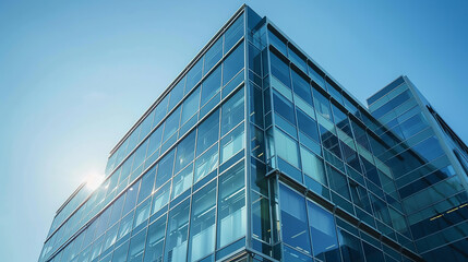 Wall Mural - Modern glass office building with reflections  windows, in a low angle view, with a white sky background