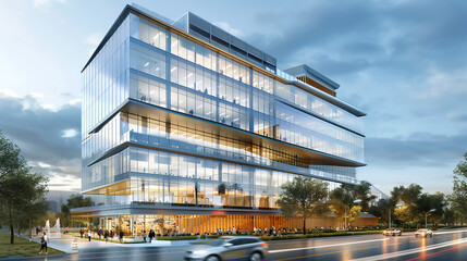 Wall Mural - Modern glass office building with reflections  windows, in a low angle view, with a white sky background