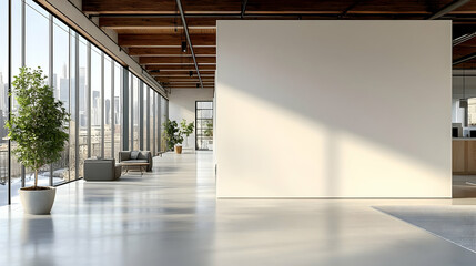 Wall Mural - Modern office interior with large windows and minimalistic design.